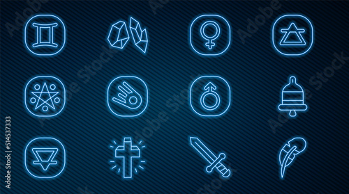 Set line Feather pen, Ringing alarm bell, Venus, Comet falling down fast, Pentagram circle, Gemini zodiac, Mars and Magic stone icon. Vector