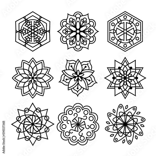 Simple Mandala Set for Coloring Book. For Beginner, seniors and children. Hand Draw. Vector Mandala. Floral. Flower. Oriental. Book Page. Decoration in ethnic oriental. Outline.