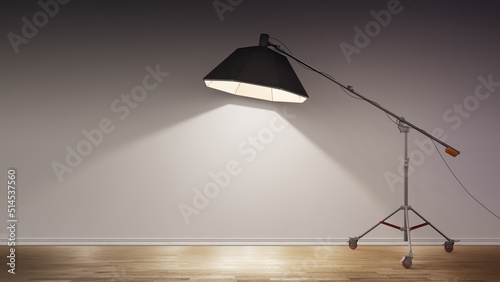 Equipment flash with octagonal softbox on the rack in the studio close-up on a wall background. Free space is empty to place your object, text or logo. 3D illustration.