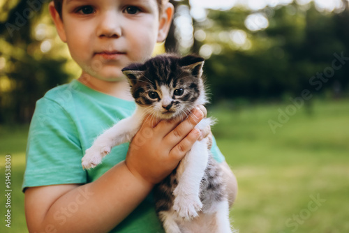 Little boy with kitten in his hands, outdoor