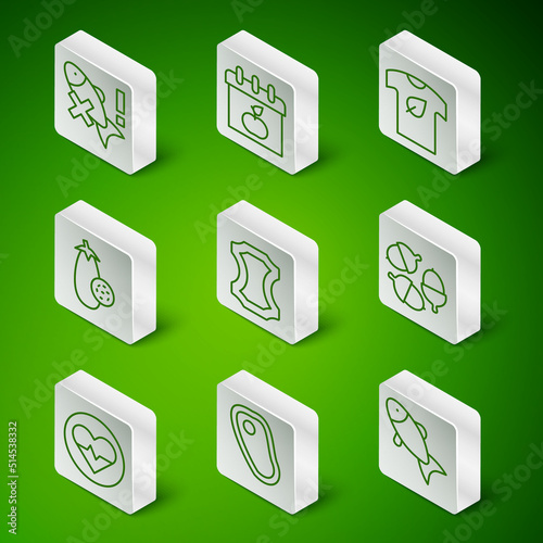 Set line Fish, Steak meat, No fish, Leather, Eggplant, World Vegetarian day, Heart rate and Acorn icon. Vector