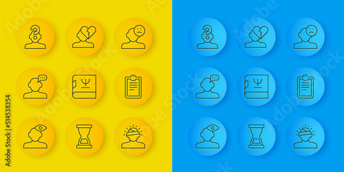 Set line Solution problem in psychology, Psychology book, Concussion, headache, Psychological test, Human with question mark, Sad and depressed man, bad mood and Broken heart or divorce icon. Vector