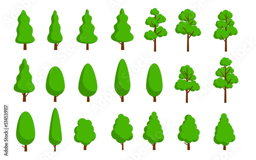 Simple flat design vector trees -  Collection of 21 different tree designs in green colour on white background
