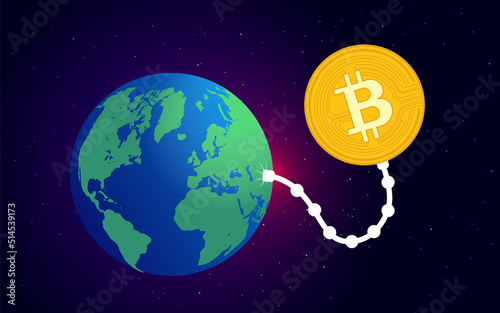 Bitcoin energy use - Vector illustration of crypto currency coin sucking energy from planet earth