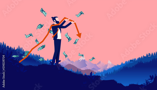 Businessman losing money during recession. Financial and economic loss concept, vector illustration with copy space