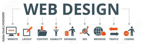 Web design banner web icon vector illustration concept with icon of website, layout, content, usability, database, seo, browser, traffic and coding