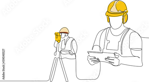 Close up of young Caucasian worker with helmet on head using tablet for work while standing in warehouse. Surveyor with a tripod icon. Geodesic tripod. Vector illustration