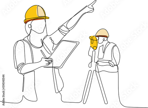 Close up of young Caucasian worker with helmet on head using tablet for work while standing in warehouse. Surveyor with a tripod icon. Geodesic tripod. Vector illustration