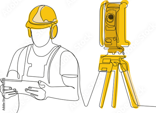 Close up of young Caucasian worker with helmet on head using tablet for work while standing in warehouse. Surveyor with a tripod icon. Geodesic tripod. Vector illustration