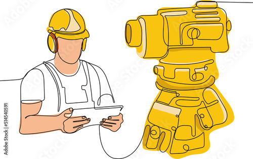 Close up of young Caucasian worker with helmet on head using tablet for work while standing in warehouse. Surveyor with a tripod icon. Geodesic tripod. Vector illustration