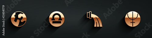 Set Earth globe, Libra zodiac, Aquarius and Neptune planet icon with long shadow. Vector