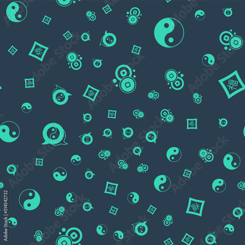 Set Chinese Yuan currency, Yin Yang symbol, and New Year on seamless pattern. Vector