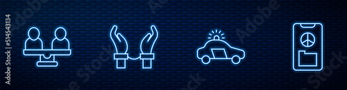 Set line Police car and flasher, Gender equality, Handcuffs on hands of criminal and Peace. Glowing neon icon on brick wall. Vector