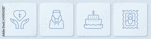 Set line Religious cross in heart, Ark of noah, Monk and Christian icon. White square button. Vector