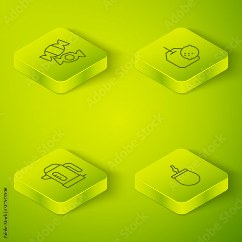 Set Isometric line Tea bag with lemon, Electric kettle, Mate tea and Candy icon. Vector