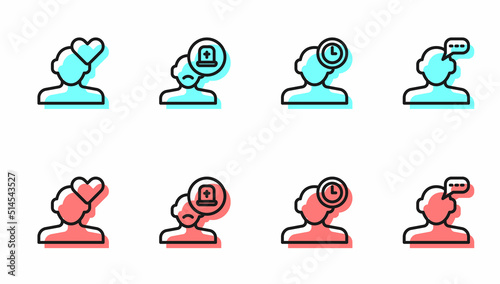 Set line Insomnia, Broken heart or divorce, Male doctor and Online psychological counseling icon. Vector
