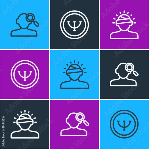 Set line Finding a problem in psychology, Concussion, headache and Psychology icon. Vector