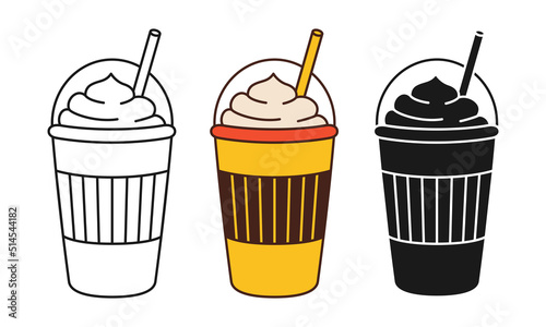 Coffee cup cartoon line icon set. Doodle style or stamp simple contour drink sign. Craft flat cups to go. Disposable plastic or paper tableware template hot drink mug with foam cup symbol. Vector