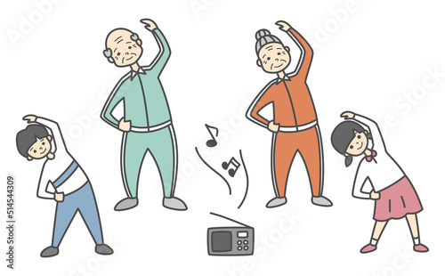 ラジオ体操をする老人と子供（主線あり）