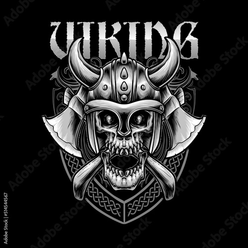 grayscale viking skull vector illustration