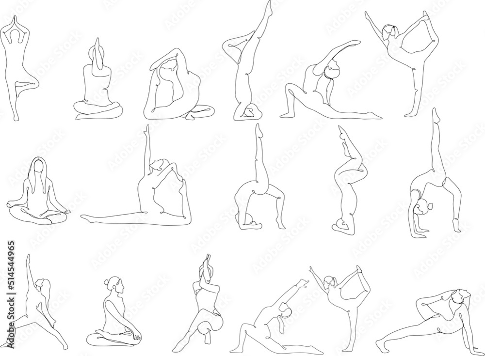 Obraz premium Big set continuous line drawing of woman doing yoga.vector illustration