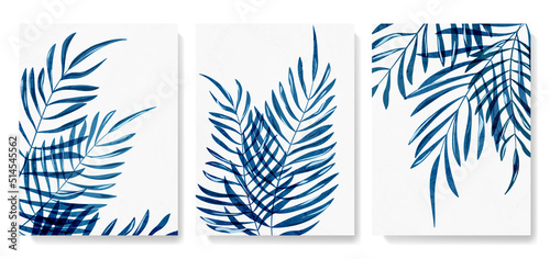 Abstract watercolor background with exotic palm leaves in blue. Vector botanical poster set for decor, print, wallpaper, interior design, textile.