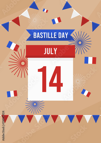 bastille day poster with calendar showing 14 july and some french flags for bastille day celebration