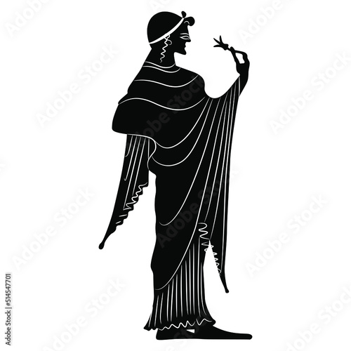 Standing ancient Greek lady holding flower. Vase painting style. Black and white negative silhouette.