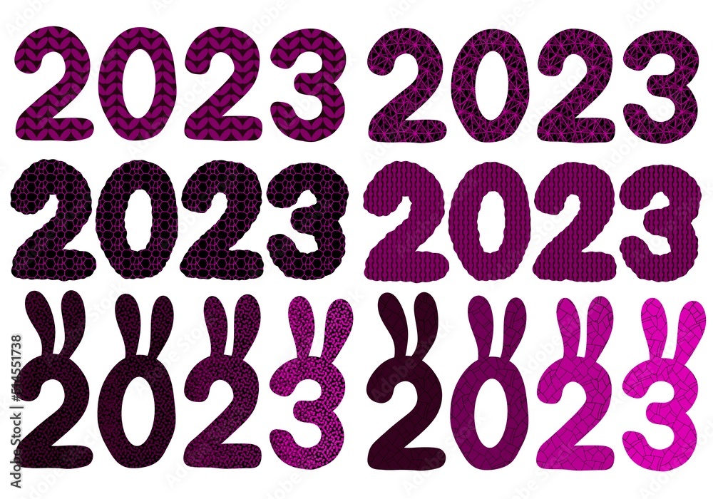 Set with 2023 rabbit numbers for new year gifts and stickers and notebooks and hobbies and holidays