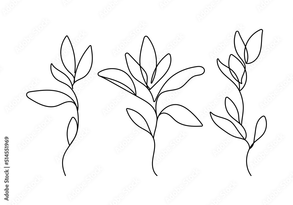 Line Art Leaves Branch Silhouette Black Sketch on White Background. One Line Beautiful Plant with Leaves. Floral Minimalistic Vector Illustration. Line Art Leaves Branch Silhouette Black Sketch on White Background. One Line Beautiful Plant with Leaves. Floral Minimalistic Vector Illustration.