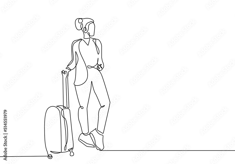 Continuous One Line Drawing of Woman with Suitcase. Woman in Travel One  Line Illustration. Female Line Abstract Portrait. Minimalist Contour  Drawing. Vector EPS 10 Stock Vector