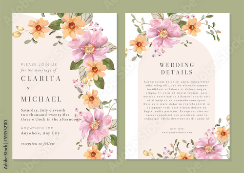 Feminine Pink and Cream Watercolor Floral Wedding Invitation