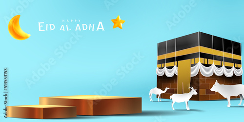 Eid al adha islamic decoration display podium background with goat, camel , cow , moon and star . Product showcase for ramadan kareem, mawlid, eid al fitr, muharram
