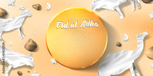 Eid al adha islamic decoration display podium background with goat, camel , cow , moon and star . Product showcase for ramadan kareem, mawlid, eid al fitr, muharram
