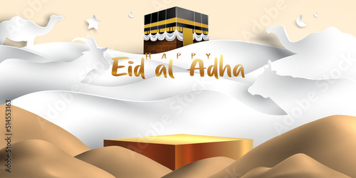 Eid al adha islamic decoration display podium background with goat, camel , cow , moon and star . Product showcase for ramadan kareem, mawlid, eid al fitr, muharram