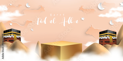 Eid al adha islamic decoration display podium background with goat, camel , cow , moon and star . Product showcase for ramadan kareem, mawlid, eid al fitr, muharram