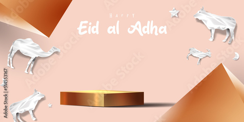 Eid al adha islamic decoration display podium background with goat, camel , cow , moon and star . Product showcase for ramadan kareem, mawlid, eid al fitr, muharram