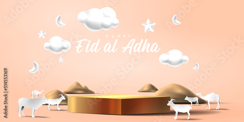 Eid al adha islamic decoration display podium background with goat, camel , cow , moon and star . Product showcase for ramadan kareem, mawlid, eid al fitr, muharram