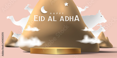 Eid al adha islamic decoration display podium background with goat, camel , cow , moon and star . Product showcase for ramadan kareem, mawlid, eid al fitr, muharram