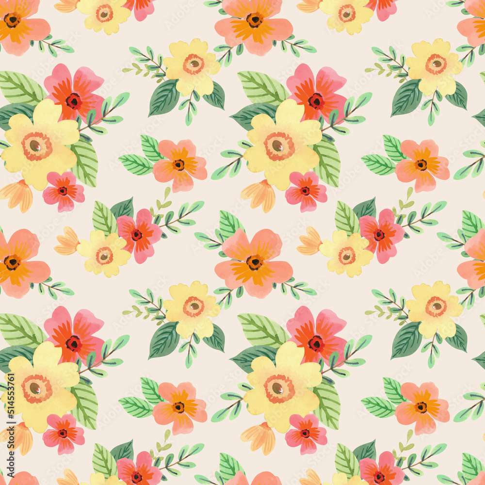 Orange and Yellow Cute Gouache Floral Seamless Pattern