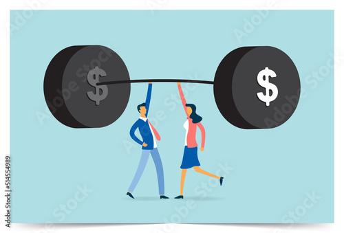 Business people raising dumbbells with money symbol
