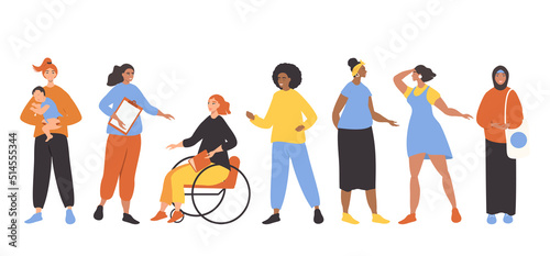 vector flat style hand drawn illustration on the theme of diversity of women, feminism. Women of different races and cultures.