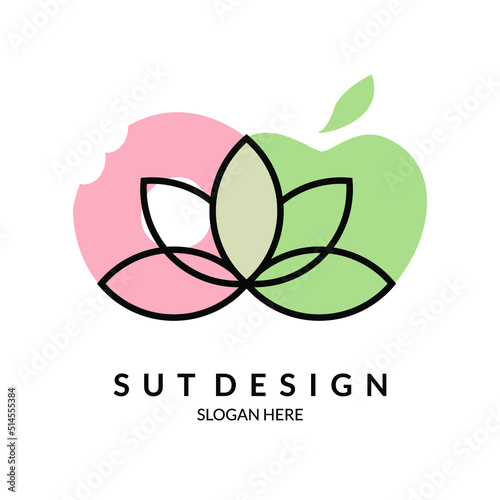 simple lotus flower logo with watercolor donut and apple fruit for food health logo