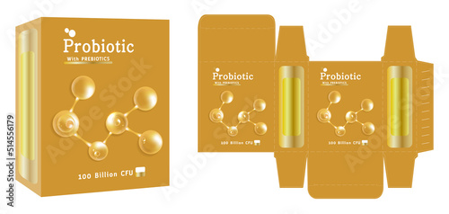 Packaging design, dietary supplement container, probiotic concept box template and mockup box, illustration vector.