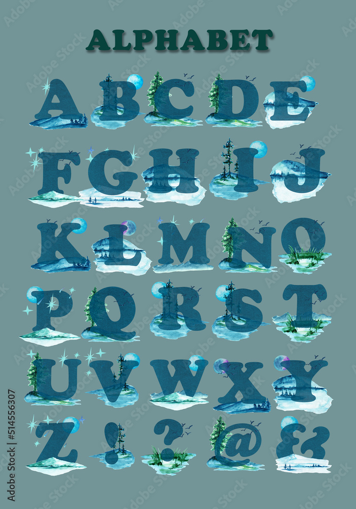 Set of watercolor English letters on a turquoise background of nature, mountains, lake, forest, sky.Suitable for poster printing, for teaching children, for design works. Set of watercolor English letters on a turquoise background of nature, mountains, lake, forest, sky.Suitable for poster printing, for teaching children, for design works.