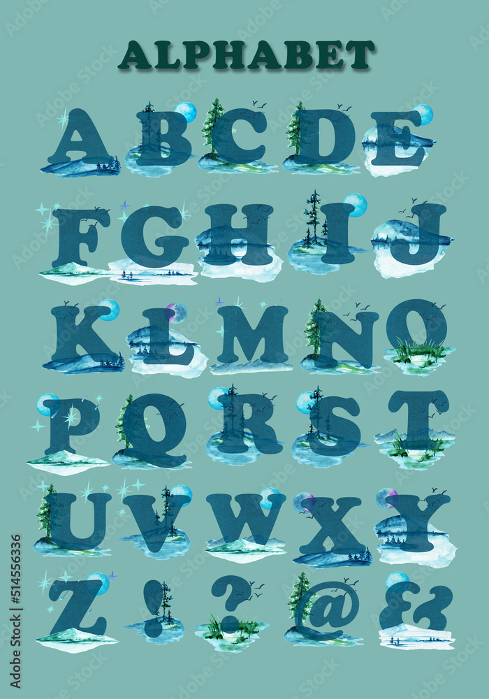 Set of watercolor English letters on a turquoise background of nature, mountains, lake, forest, sky.Suitable for poster printing, for teaching children, for design works. Set of watercolor English letters on a turquoise background of nature, mountains, lake, forest, sky.Suitable for poster printing, for teaching children, for design works.