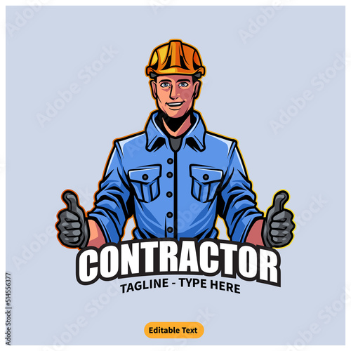 Mascot logo of Construction worker with Editable text