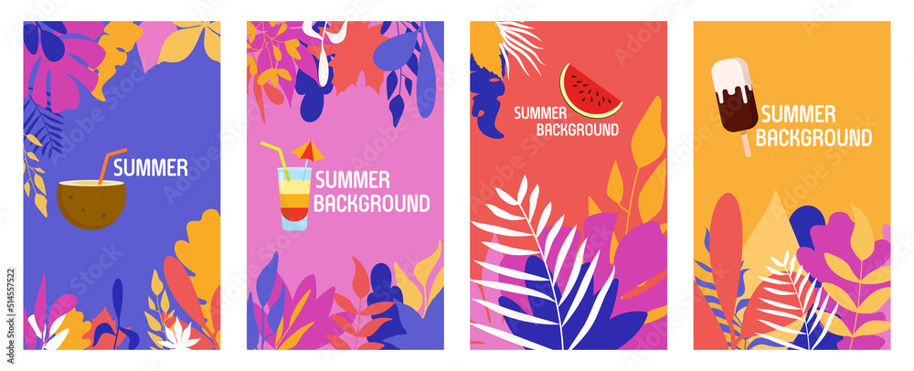 Vector set of abstract summer backgrounds with copy space for text - posters, cover design templates, social media stories wallpapers with tropical leaves and plants in minimal simple