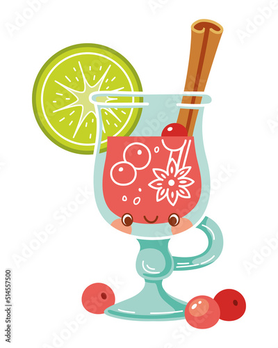 Kawaii glass of mulled wine, winter holiday drink. Cartoon vector illustration