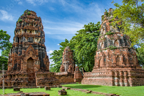 The Prang in Wat Mahathat (Temple of the Great Relic), a Buddhist temple in Ayutthaya Thailand. The history of this temple starts in 1374. 